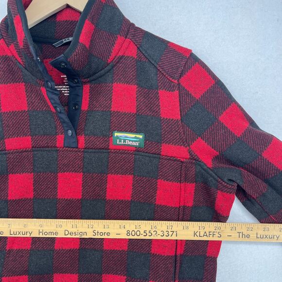 LL BEAN Sweater Fleece Womens M Buffalo Check 1/4 Snap Pullover Kangaroo Pockets - Picture 11 of 13